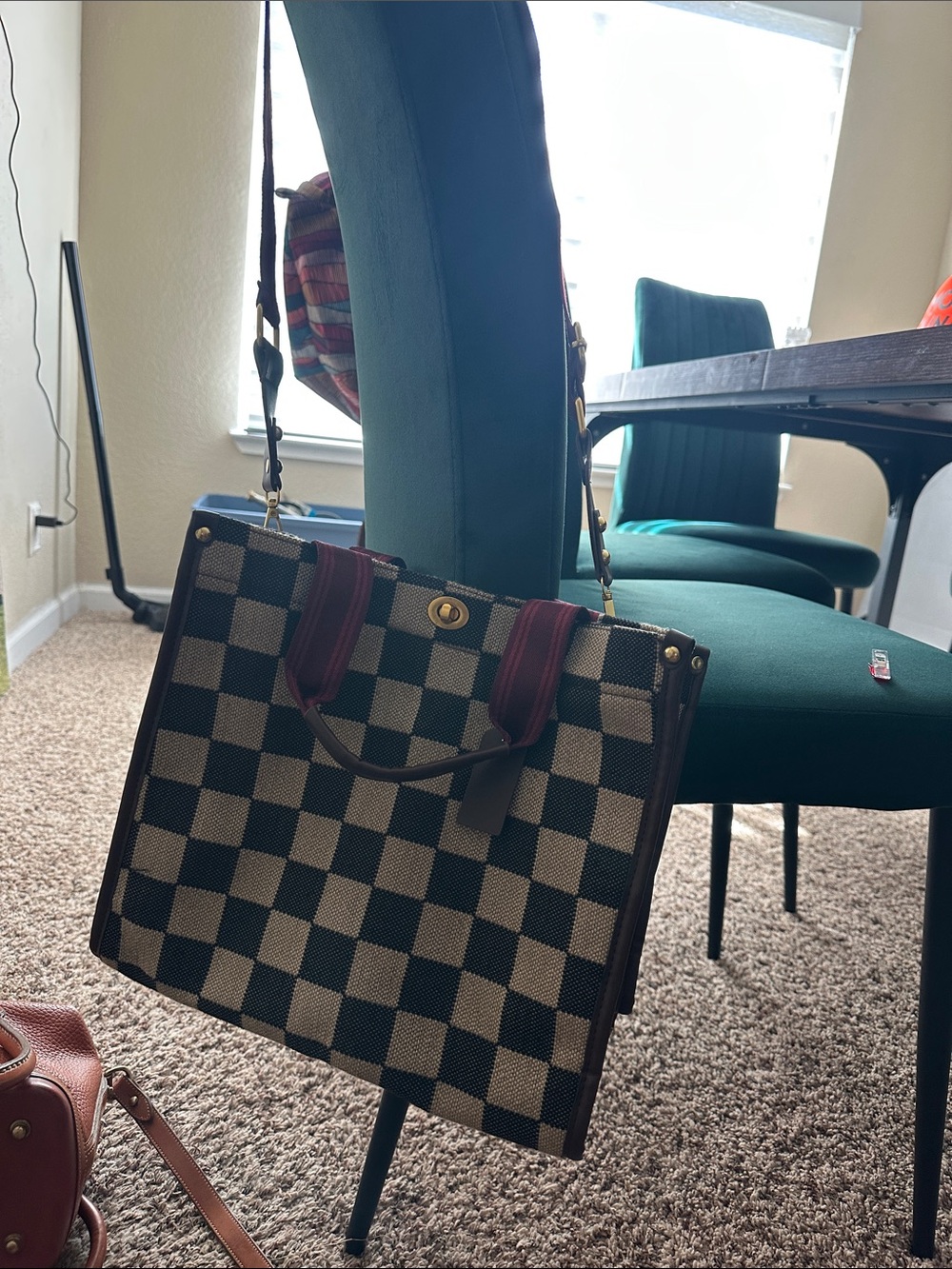 Checkerboard Tote Bag with Burgundy Accents